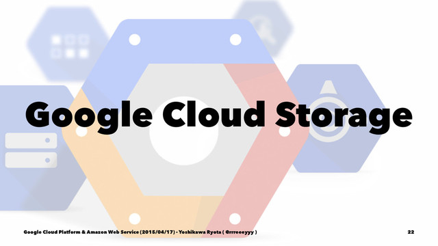 Google Cloud Storage
Google Cloud Platform & Amazon Web Service (2015/04/17) - Yoshikawa Ryota ( @rrreeeyyy ) 22
