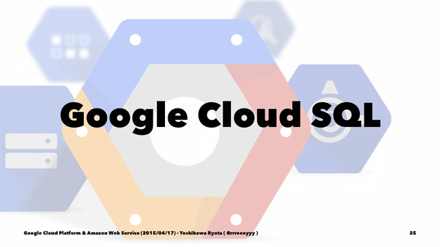 Google Cloud SQL
Google Cloud Platform & Amazon Web Service (2015/04/17) - Yoshikawa Ryota ( @rrreeeyyy ) 25

