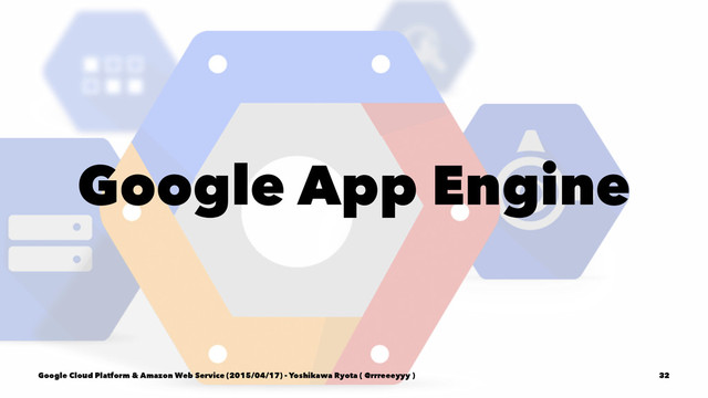 Google App Engine
Google Cloud Platform & Amazon Web Service (2015/04/17) - Yoshikawa Ryota ( @rrreeeyyy ) 32
