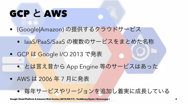 GCP ͱ AWS
• (Google|Amazon) ͷఏڙ͢ΔΫϥ΢υαʔϏε
• IaaS/PaaS/SaaS ͷෳ਺ͷαʔϏεΛ·ͱΊ໊ͨশ
• GCP ͸ Google I/O 2013 Ͱൃද
• ͱ͸ݴ͑ੲ͔Β App Engine ౳ͷαʔϏε͸͋ͬͨ
• AWS ͸ 2006 ೥ 7 ݄ʹൃද
• ຖ೥αʔϏε΍ϦʔδϣϯΛ௥Ճ͠ண࣮ʹ੒௕͍ͯ͠Δ
Google Cloud Platform & Amazon Web Service (2015/04/17) - Yoshikawa Ryota ( @rrreeeyyy ) 6
