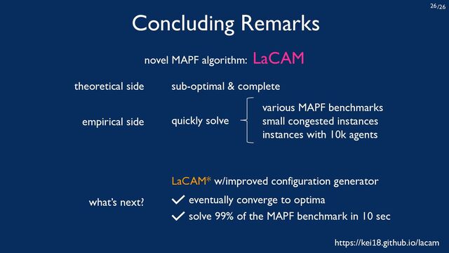 /26
26
Concluding Remarks
novel MAPF algorithm: LaCAM
quickly solve
various MAPF benchmarks
small congested instances
instances with 10k agents
sub-optimal & complete
theoretical side
empirical side
what’s next?
LaCAM* w/improved configuration generator
eventually converge to optima
solve 99% of the MAPF benchmark in 10 sec
https://kei18.github.io/lacam

