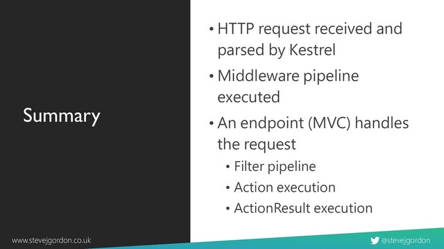 @stevejgordon
www.stevejgordon.co.uk
Summary
• HTTP request received and
parsed by Kestrel
• Middleware pipeline
executed
• An endpoint (MVC) handles
the request
• Filter pipeline
• Action execution
• ActionResult execution
