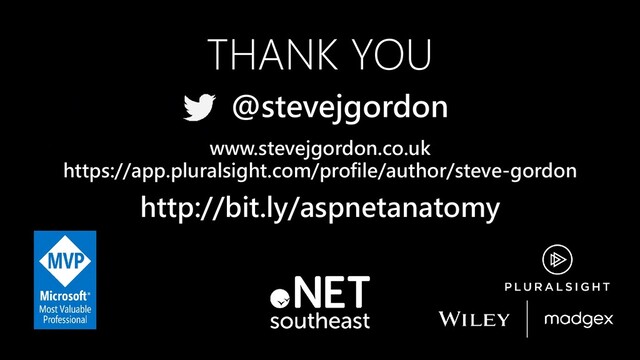 THANK YOU
www.stevejgordon.co.uk
https://app.pluralsight.com/profile/author/steve-gordon
http://bit.ly/aspnetanatomy
@stevejgordon
