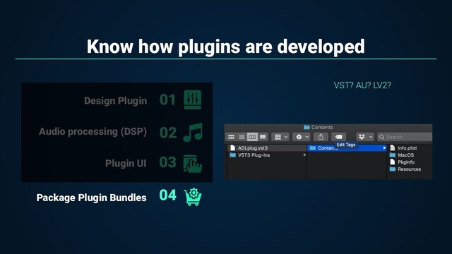 Know how plugins are developed
01
02
Design Plugin
Audio processing (DSP)
03
04
Plugin UI
Package Plugin Bundles
VST? AU? LV2?
