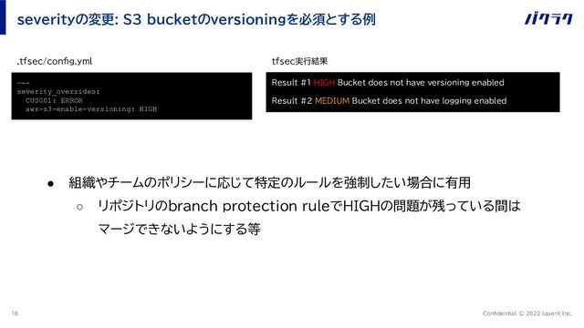 Confidential © 2022 LayerX Inc.
18
severityの変更: S3 bucketのversioningを必須とする例
—--
severity_overrides:
CUS001: ERROR
aws-s3-enable-versioning: HIGH
.tfsec/config.yml tfsec実行結果
Result #1 HIGH Bucket does not have versioning enabled
Result #2 MEDIUM Bucket does not have logging enabled
● 組織やチームのポリシーに応じて特定のルールを強制したい場合に有用
○ リポジトリのbranch protection ruleでHIGHの問題が残っている間は
マージできないようにする等
