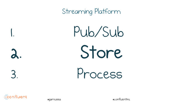 @
@gamussa @confluentinc
Streaming Platform
1. Pub/Sub
2. Store
3. Process
