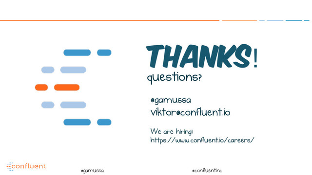 @
@gamussa @confluentinc
Thanks!
questions?
@gamussa
viktor@confluent.io
We are hiring!
https://www.confluent.io/careers/

