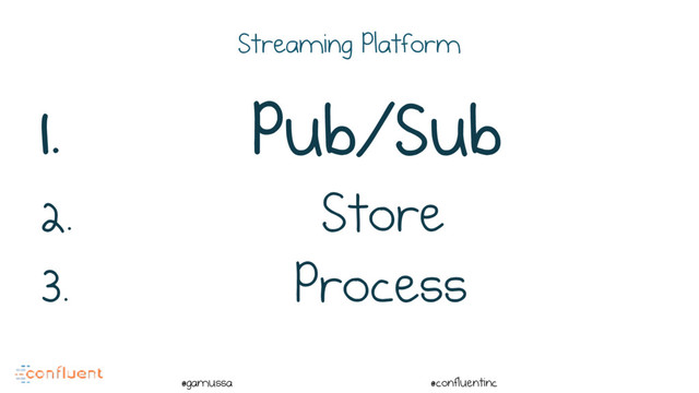 @
@gamussa @confluentinc
Streaming Platform
1. Pub/Sub
2. Store
3. Process
