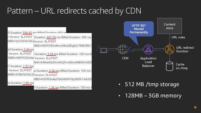 Pattern – URL redirects cached by CDN
URL redirect
function
Content
store
URL rules
Cache
on /tmp
Application
Load
Balancer
CDN
• 512 MB /tmp storage
• 128MB – 3GB memory
