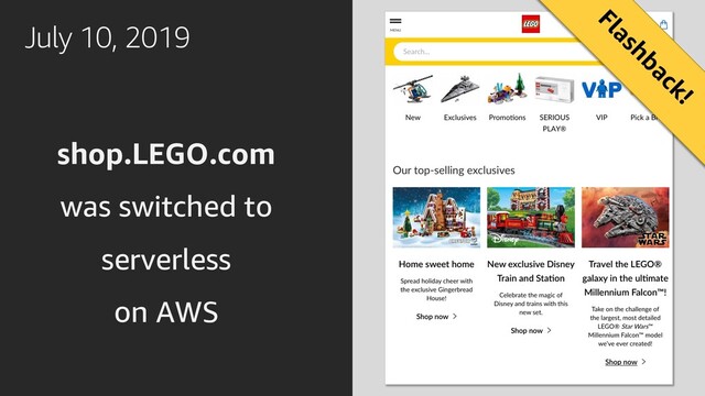 July 10, 2019
shop.LEGO.com
was switched to
serverless
on AWS
Flashback!
