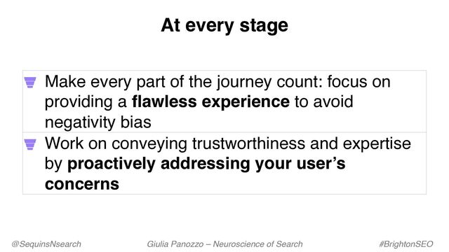 @SequinsNsearch Giulia Panozzo – Neuroscience of Search #BrightonSEO
Make every part of the journey count: focus on
providing a flawless experience to avoid
negativity bias
Work on conveying trustworthiness and expertise
by proactively addressing your user’s
concerns
At every stage
