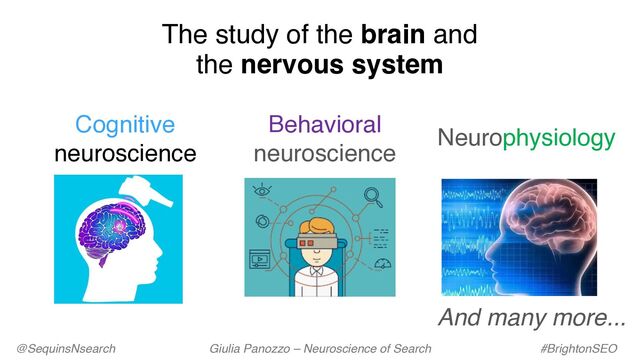 The study of the brain and
the nervous system
Cognitive
neuroscience
Behavioral
neuroscience
Neurophysiology
And many more...
@SequinsNsearch Giulia Panozzo – Neuroscience of Search #BrightonSEO
