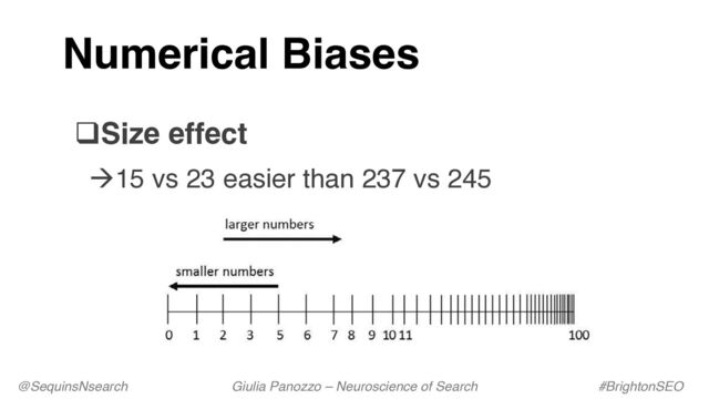 à15 vs 23 easier than 237 vs 245
@SequinsNsearch Giulia Panozzo – Neuroscience of Search #BrightonSEO
qSize effect
Numerical Biases
