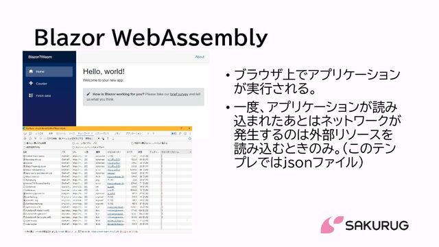 Blazor WebAssembly
• ブラウザ上でアプリケーション
が実行される。
• 一度、アプリケーションが読み
込まれたあとはネットワークが
発生するのは外部リソースを
読み込むときのみ。(このテン
プレではjsonファイル）
