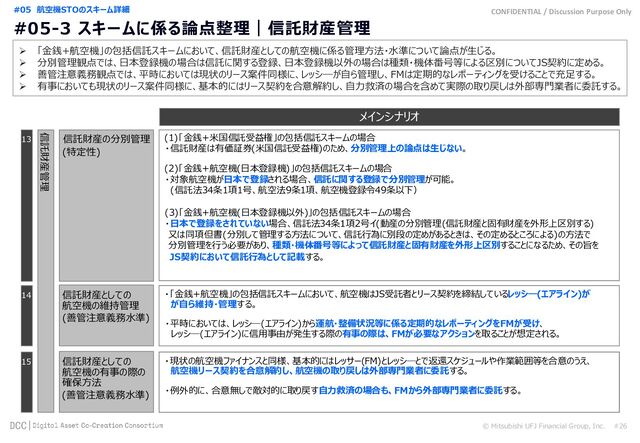 CONFIDENTIAL / Discussion Purpose Only
© Mitsubishi UFJ Financial Group, Inc. #26
#05 航空機STOのスキーム詳細
#05-3 スキームに係る論点整理｜信託財産管理
 「金銭+航空機」の包括信託スキームにおいて、信託財産としての航空機に係る管理方法・水準について論点が生じる。
 分別管理観点では、日本登録機の場合は信託に関する登録、日本登録機以外の場合は種類・機体番号等による区別についてJS契約に定める。
 善管注意義務観点では、平時においては現状のリース案件同様に、レッシ―が自ら管理し、FMは定期的なレポーティングを受けることで充足する。
 有事においても現状のリース案件同様に、基本的にはリース契約を合意解約し、自力救済の場合を含めて実際の取り戻しは外部専門業者に委託する。
13 信託財産の分別管理
(特定性)
・対象航空機が日本で登録される場合、信託に関する登録で分別管理が可能。
・日本で登録をされていない場合、信託法34条1項2号イ(動産の分別管理(信託財産と固有財産を外形上区別する)
(信託法34条1項1号、航空法9条1項、航空機登録令49条以下）
又は同項但書(分別して管理する方法について、信託行為に別段の定めがあるときは、その定めるところによる)の方法で
JS契約において信託行為として記載する。
信託財産管理
メインシナリオ
(1)「金銭+米国信託受益権」の包括信託スキームの場合
・信託財産は有価証券(米国信託受益権)のため、分別管理上の論点は生じない。
(2)「金銭+航空機(日本登録機)」の包括信託スキームの場合
(3)「金銭+航空機(日本登録機以外)」の包括信託スキームの場合
分別管理を行う必要があり、種類・機体番号等によって信託財産と固有財産を外形上区別することになるため、その旨を
15 信託財産としての
航空機の有事の際の
確保方法
(善管注意義務水準)
14 信託財産としての
航空機の維持管理
(善管注意義務水準)
・「金銭+航空機」の包括信託スキームにおいて、航空機はJS受託者とリース契約を締結しているレッシ―(エアライン)が
が自ら維持・管理する。
・平時においては、レッシ―(エアライン)から運航・整備状況等に係る定期的なレポーティングをFMが受け、
レッシ―(エアライン)に信用事由が発生する際の有事の際は、FMが必要なアクションを取ることが想定される。
・現状の航空機ファイナンスと同様、基本的にはレッサー(FM)とレッシ―とで返還スケジュールや作業範囲等を合意のうえ、
航空機リース契約を合意解約し、航空機の取り戻しは外部専門業者に委託する。
・例外的に、合意無しで敵対的に取り戻す自力救済の場合も、FMから外部専門業者に委託する。
