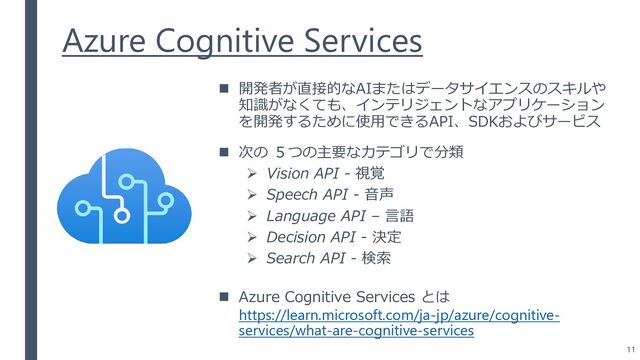 Azure Cognitive Services
◼ 開発者が直接的なAIまたはデータサイエンスのスキルや
知識がなくても、インテリジェントなアプリケーション
を開発するために使用できるAPI、SDKおよびサービス
◼ 次の ５つの主要なカテゴリで分類
➢ Vision API - 視覚
➢ Speech API - 音声
➢ Language API – 言語
➢ Decision API - 決定
➢ Search API - 検索
◼ Azure Cognitive Services とは
https://learn.microsoft.com/ja-jp/azure/cognitive-
services/what-are-cognitive-services
11

