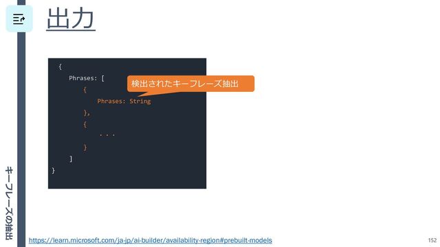 出力
152
https://learn.microsoft.com/ja-jp/ai-builder/availability-region#prebuilt-models
{
Phrases: [
{
Phrases: String
},
{
・・・
}
]
}
検出されたキーフレーズ抽出
キーフレーズの抽出
