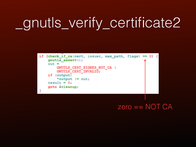 _gnutls_verify_certiﬁcate2
zero == NOT CA
