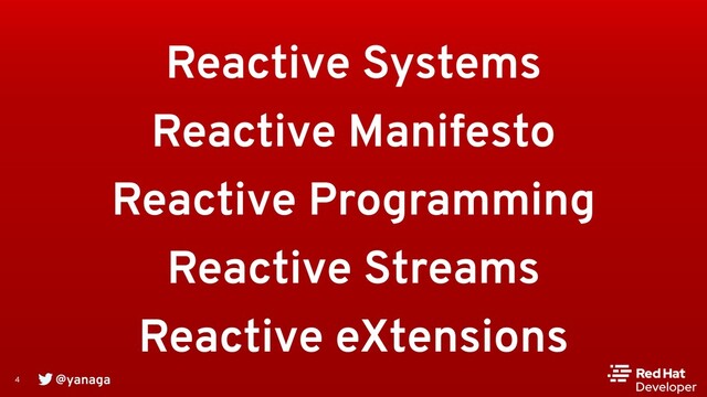 @yanaga
4
Reactive Systems
Reactive Manifesto
Reactive Programming
Reactive Streams
Reactive eXtensions
