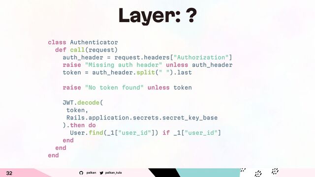 palkan_tula
palkan
32
class Authenticator
def call(request)
auth_header = request.headers["Authorization"]
raise "Missing auth header" unless auth_header
token = auth_header.split(" ").last
raise "No token found" unless token
JWT.decode(
token,
Rails.application.secrets.secret_key_base
).then do
User.find(_1["user_id"]) if _1["user_id"]
end
end
end
Layer: ?
