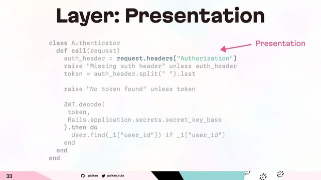 palkan_tula
palkan
33
class Authenticator
def call(request)
auth_header = request.headers["Authorization"]
raise "Missing auth header" unless auth_header
token = auth_header.split(" ").last
raise "No token found" unless token
JWT.decode(
token,
Rails.application.secrets.secret_key_base
).then do
User.find(_1["user_id"]) if _1["user_id"]
end
end
end
Presentation
Layer: Presentation
