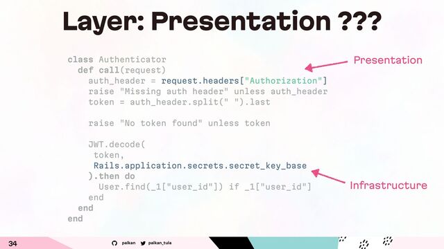 palkan_tula
palkan
34
class Authenticator
def call(request)
auth_header = request.headers["Authorization"]
raise "Missing auth header" unless auth_header
token = auth_header.split(" ").last
raise "No token found" unless token
JWT.decode(
token,
Rails.application.secrets.secret_key_base
).then do
User.find(_1["user_id"]) if _1["user_id"]
end
end
end
Presentation
Infrastructure
Layer: Presentation ???
