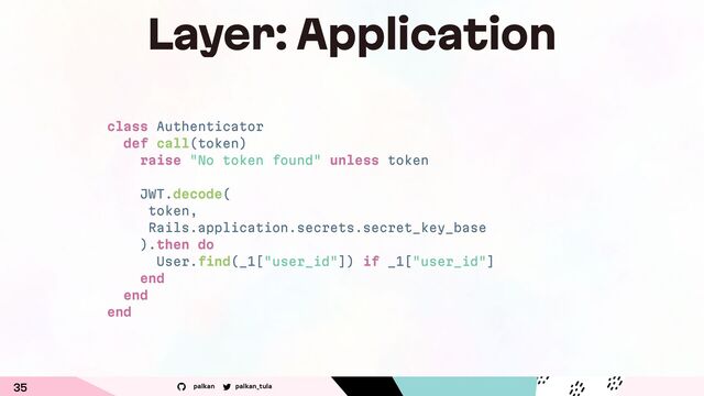 palkan_tula
palkan
35
class Authenticator
def call(token)
raise "No token found" unless token
JWT.decode(
token,
Rails.application.secrets.secret_key_base
).then do
User.find(_1["user_id"]) if _1["user_id"]
end
end
end
Layer: Application
