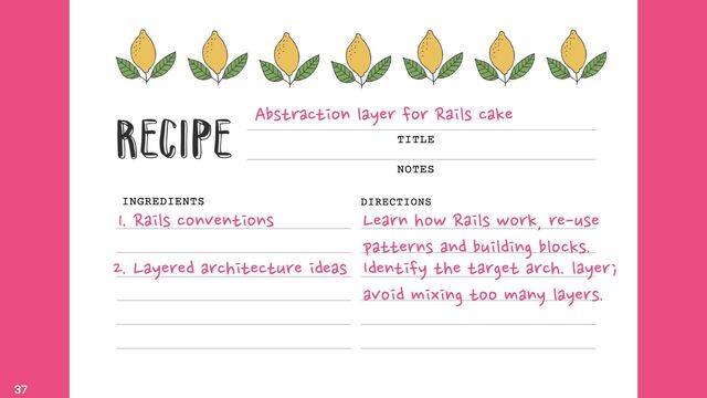 37
Abstraction layer for Rails cake
1. Rails conventions Learn how Rails work, re-use
patterns and building blocks.
2. Layered architecture ideas Identify the target arch. layer;
avoid mixing too many layers.
