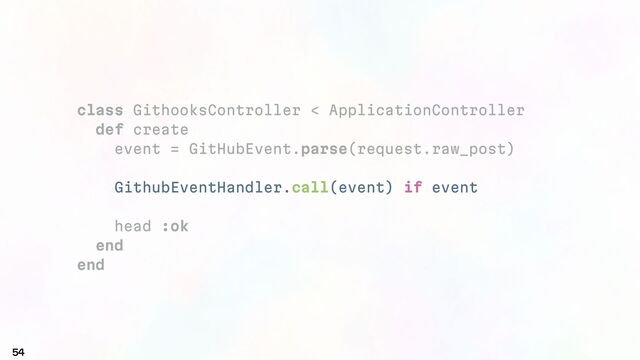 class GithooksController < ApplicationController
def create
event = GitHubEvent.parse(request.raw_post)
GithubEventHandler.call(event) if event
head :ok
end
end
54
