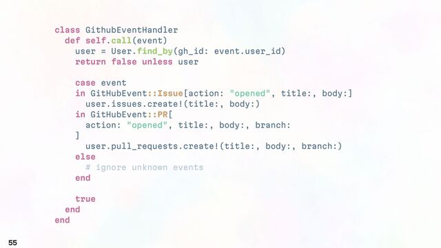 class GithubEventHandler
def self.call(event)
user = User.find_by(gh_id: event.user_id)
return false unless user
case event
in GitHubEvent::Issue[action: "opened", title:, body:]
user.issues.create!(title:, body:)
in GitHubEvent::PR[
action: "opened", title:, body:, branch:
]
user.pull_requests.create!(title:, body:, branch:)
else
# ignore unknown events
end
true
end
end
55
