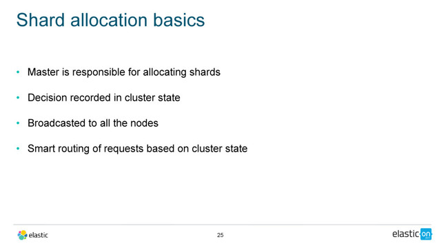 • Master is responsible for allocating shards
• Decision recorded in cluster state
• Broadcasted to all the nodes
• Smart routing of requests based on cluster state
Shard allocation basics
25
