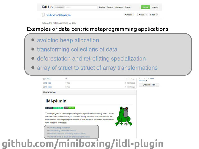 scala-ildl.org
github.com/miniboxing/ildl-plugin
Examples of data-centric metaprogramming applications
