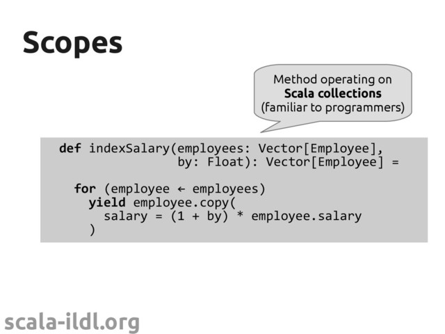 scala-ildl.org
Scopes
Scopes
def indexSalary(employees: Vector[Employee],
by: Float): Vector[Employee] =
for (employee ← employees)
yield employee.copy(
salary = (1 + by) * employee.salary
)
Method operating on
Scala collections
(familiar to programmers)
