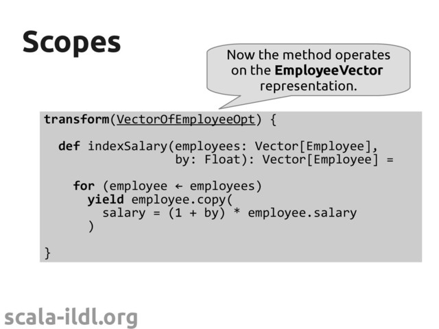 scala-ildl.org
Scopes
Scopes
transform(VectorOfEmployeeOpt) {
def indexSalary(employees: Vector[Employee],
by: Float): Vector[Employee] =
for (employee ← employees)
yield employee.copy(
salary = (1 + by) * employee.salary
)
}
Now the method operates
on the EmployeeVector
representation.

