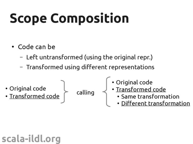 scala-ildl.org
Scope Composition
Scope Composition
calling
●
Original code
●
Transformed code
●
Original code
●
Transformed code
●
Same transformation
●
Different transformation
●
Code can be
– Left untransformed (using the original repr.)
– Transformed using different representations
