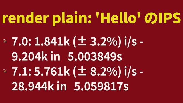 render plain: 'Hello' IPS
🌋
7
.
0
:
1
.
8
4
1
k (±
3
.
2
%) i/s -
9
.
2
0
4
k in
5
.
0
0
3
8
4
9
s


🌋
7
.
1
:
5
.
7
6
1
k (±
8
.
2
%) i/s -
2
8
.
9
4
4
k in
5
.
0
5
9
8
1
7
s
