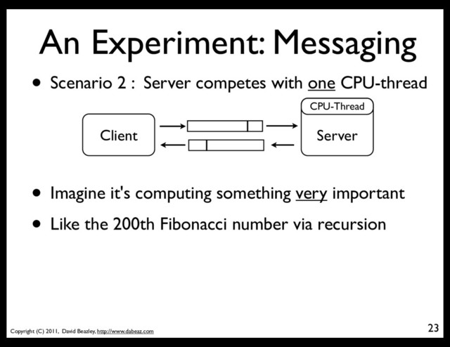 Copyright (C) 2011, David Beazley, http://www.dabeaz.com
An Experiment: Messaging
23
• Scenario 2 : Server competes with one CPU-thread
Server
Client
CPU-Thread
• Imagine it's computing something very important
• Like the 200th Fibonacci number via recursion
