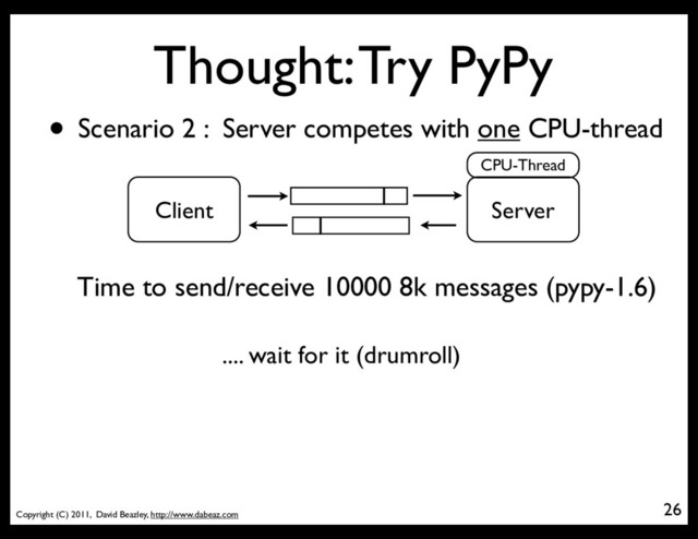 Copyright (C) 2011, David Beazley, http://www.dabeaz.com
Thought: Try PyPy
26
• Scenario 2 : Server competes with one CPU-thread
Server
Client
CPU-Thread
Time to send/receive 10000 8k messages (pypy-1.6)
.... wait for it (drumroll)
