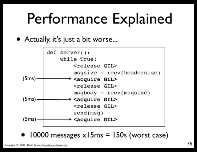 Copyright (C) 2011, David Beazley, http://www.dabeaz.com
Performance Explained
35
• Actually, it's just a bit worse...
def server():
while True:

msgsize = recv(headersize)


msgbody = recv(msgsize)


send(msg)

(5ms)
(5ms)
(5ms)
• 10000 messages x15ms = 150s (worst case)
