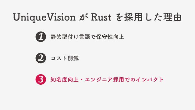 UniqueVision が Rust を採用した理由
静的型付け言語で保守性向上
コスト削減
知名度向上・エンジニア採用でのインパクト
