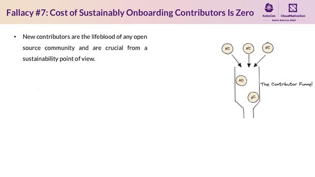 Fallacy #7: Cost of Sustainably Onboarding Contributors Is Zero
• New contributors are the lifeblood of any open
source community and are crucial from a
sustainability point of view.
