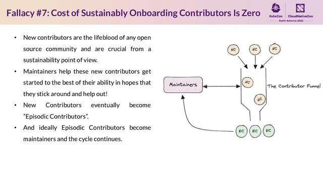 Fallacy #7: Cost of Sustainably Onboarding Contributors Is Zero
• New contributors are the lifeblood of any open
source community and are crucial from a
sustainability point of view.
• Maintainers help these new contributors get
started to the best of their ability in hopes that
they stick around and help out!
• New Contributors eventually become
”Episodic Contributors”.
• And ideally Episodic Contributors become
maintainers and the cycle continues.
