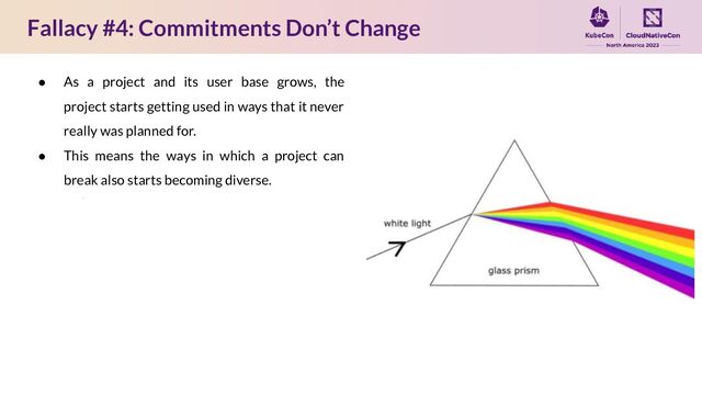 Fallacy #4: Commitments Don’t Change
● As a project and its user base grows, the
project starts getting used in ways that it never
really was planned for.
● This means the ways in which a project can
break also starts becoming diverse.
