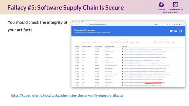 Fallacy #5: Software Supply Chain Is Secure
You should check the integrity of
your artifacts.
https://kubernetes.io/docs/tasks/administer-cluster/verify-signed-artifacts/
