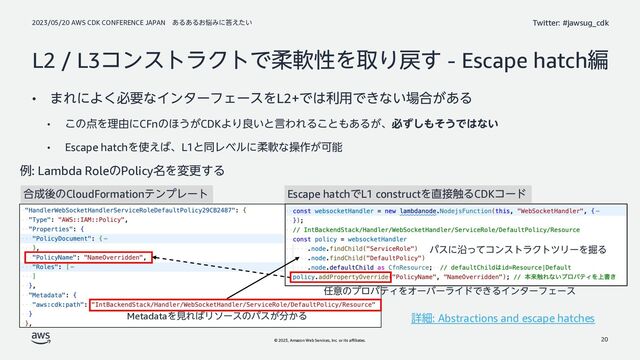 2023/05/20 AWS CDK CONFERENCE JAPAN ͋Δ͋Δ͓೰Έʹ౴͍͑ͨ
© 2023, Amazon Web Services, Inc. or its affiliates.
Twitter: #jawsug_cdk
L2 / L3ίϯετϥΫτͰॊೈੑΛऔΓ໭͢ - Escape hatchฤ
• ·ΕʹΑ͘ඞཁͳΠϯλʔϑΣʔεΛL2+Ͱ͸ར༻Ͱ͖ͳ͍৔߹͕͋Δ
• ͜ͷ఺Λཧ༝ʹCFnͷ΄͏͕CDKΑΓྑ͍ͱݴΘΕΔ͜ͱ΋͋Δ͕ɺඞͣ͠΋ͦ͏Ͱ͸ͳ͍
• Escape hatchΛ࢖͑͹ɺL1ͱಉϨϕϧʹॊೈͳૢ࡞͕Մೳ
20
ྫ: Lambda RoleͷPolicy໊Λมߋ͢Δ
Escape hatchͰL1 constructΛ௚઀৮ΔCDKίʔυ
MetadataΛݟΕ͹Ϧιʔεͷύε͕෼͔Δ
߹੒ޙͷCloudFormationςϯϓϨʔτ
ύεʹԊͬͯίϯετϥΫτπϦʔΛ۷Δ
ৄࡉ: Abstractions and escape hatches
೚ҙͷϓϩύςΟΛΦʔόʔϥΠυͰ͖ΔΠϯλʔϑΣʔε

