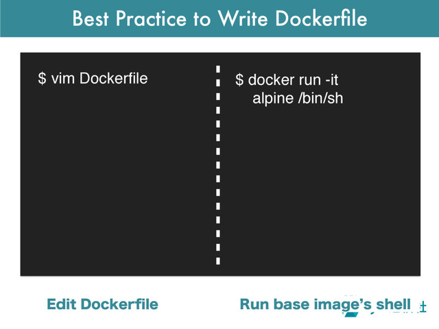 Best Practice to Write Dockerﬁle
$ vim Dockerﬁle $ docker run -it
alpine /bin/sh
&EJU%PDLFSpMF 3VOCBTFJNBHF`TTIFMM

