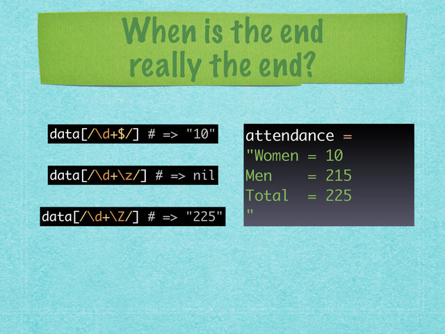 When is the end 
really the end?
data[/\d+$/] # => "10"
data[/\d+\z/] # => nil
data[/\d+\Z/] # => "225"
attendance =
"Women = 10
Men = 215
Total = 225
"
