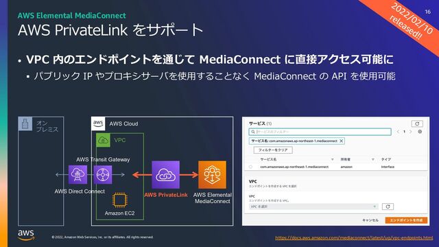 © 2022, Amazon Web Services, Inc. or its affiliates. All rights reserved.
AWS PrivateLink をサポート
• VPC 内のエンドポイントを通じて MediaConnect に直接アクセス可能に
§ パブリック IP やプロキシサーバを使⽤することなく MediaConnect の API を使⽤可能
2022/02/10
released!!
オン
プレミス
AWS Cloud
VPC
AWS Direct Connect
AWS Transit Gateway
Amazon EC2
AWS PrivateLink AWS Elemental
MediaConnect
https://docs.aws.amazon.com/mediaconnect/latest/ug/vpc-endpoints.html
AWS Elemental MediaConnect 16
