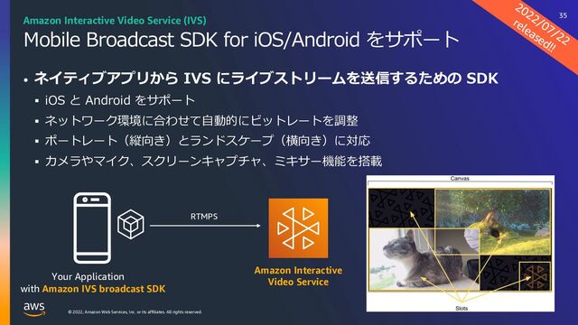 © 2022, Amazon Web Services, Inc. or its affiliates. All rights reserved.
Mobile Broadcast SDK for iOS/Android をサポート
• ネイティブアプリから IVS にライブストリームを送信するための SDK
§ iOS と Android をサポート
§ ネットワーク環境に合わせて⾃動的にビットレートを調整
§ ポートレート（縦向き）とランドスケープ（横向き）に対応
§ カメラやマイク、スクリーンキャプチャ、ミキサー機能を搭載
Amazon Interactive Video Service (IVS)
2022/07/22
released!!
Your Application
with Amazon IVS broadcast SDK
Amazon Interactive
Video Service
RTMPS
35
