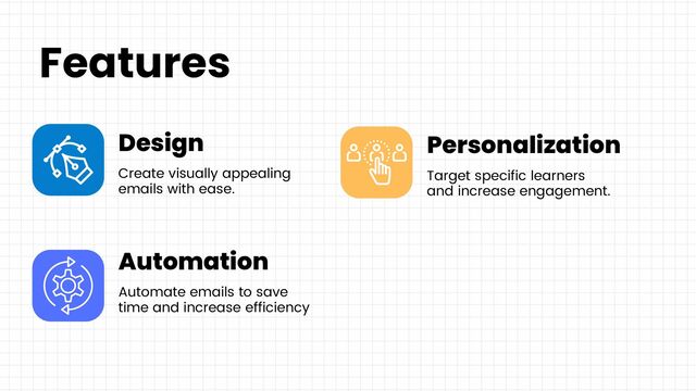 Design
Create visually appealing
emails with ease.
Automation
Automate emails to save
time and increase efficiency
Personalization
Target specific learners
and increase engagement.
Features
